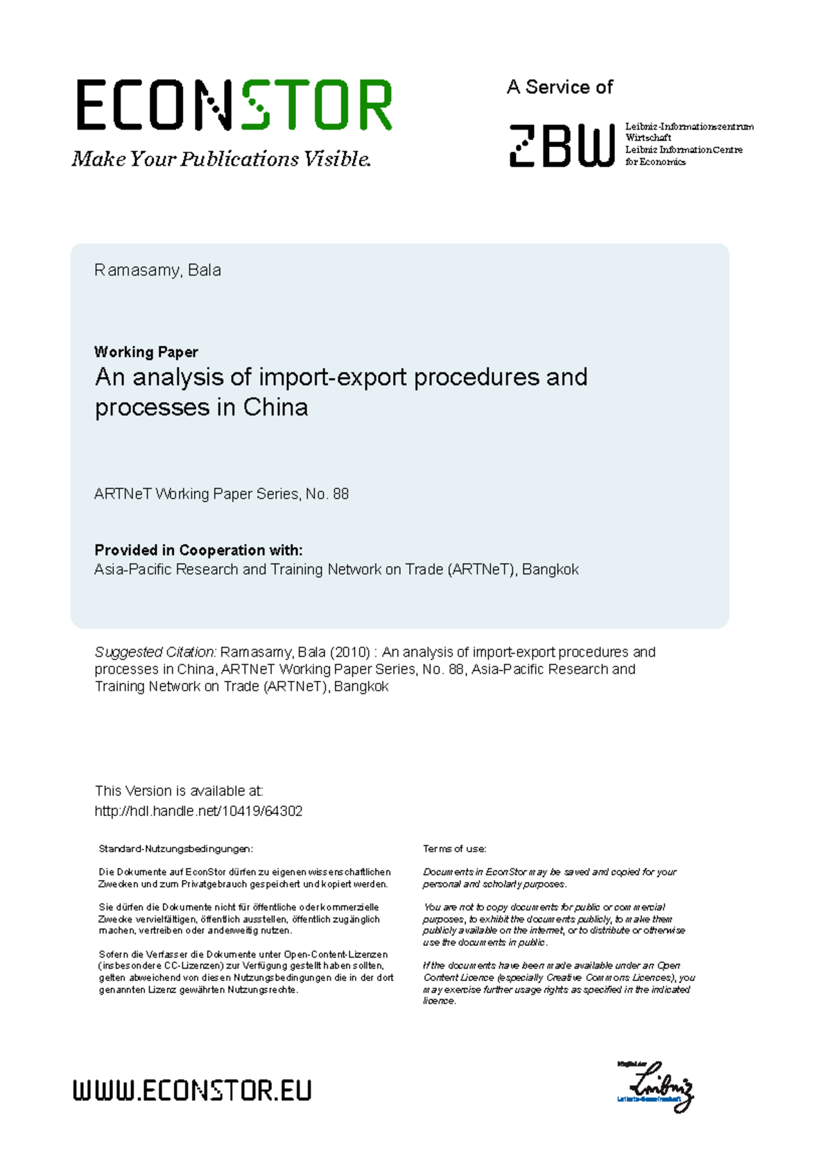 ARTNeT Working Paper No. 88: Analyzing Trade Procedures in China - Studocu