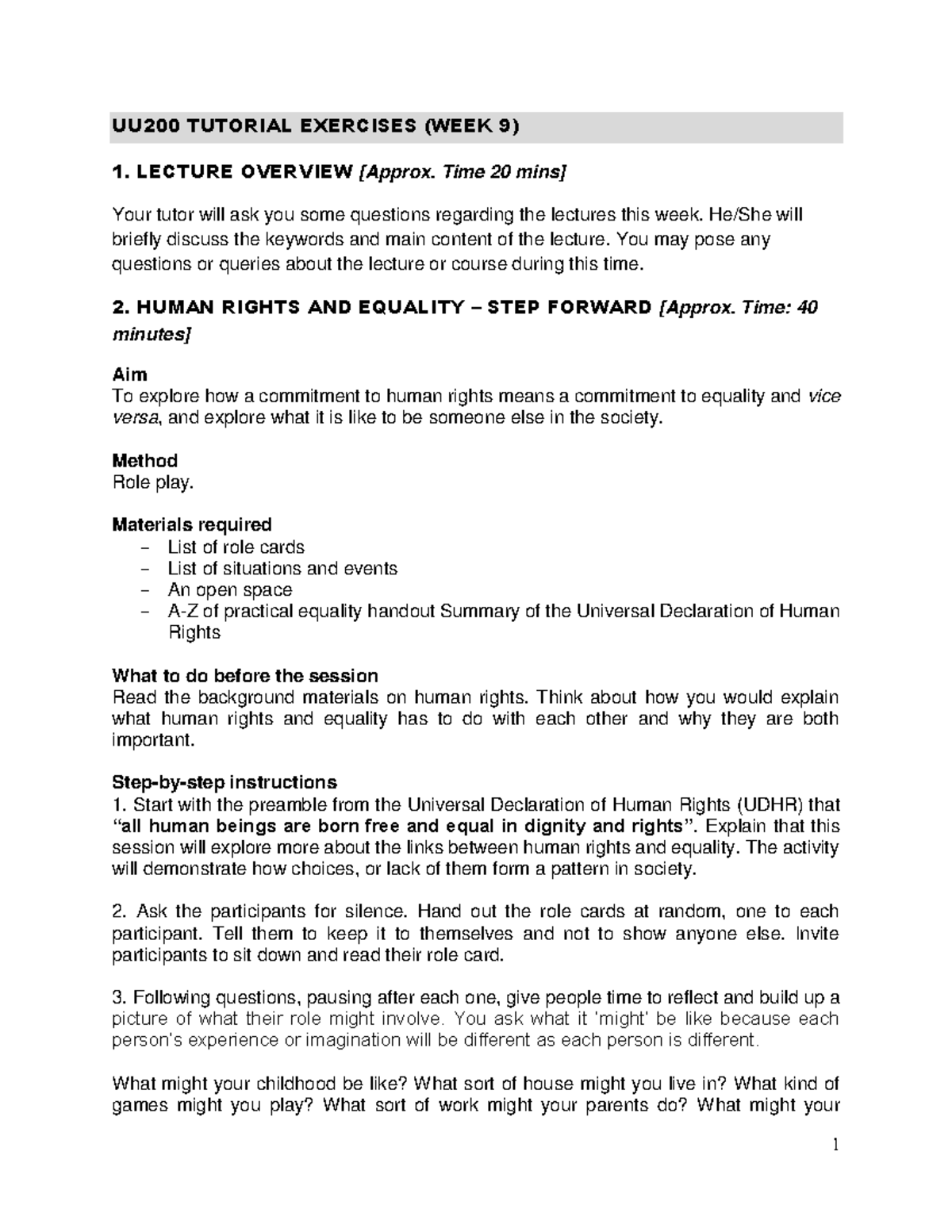 UU200 Week 9 Tutorial Exercises on Human Rights and Equality - Studocu