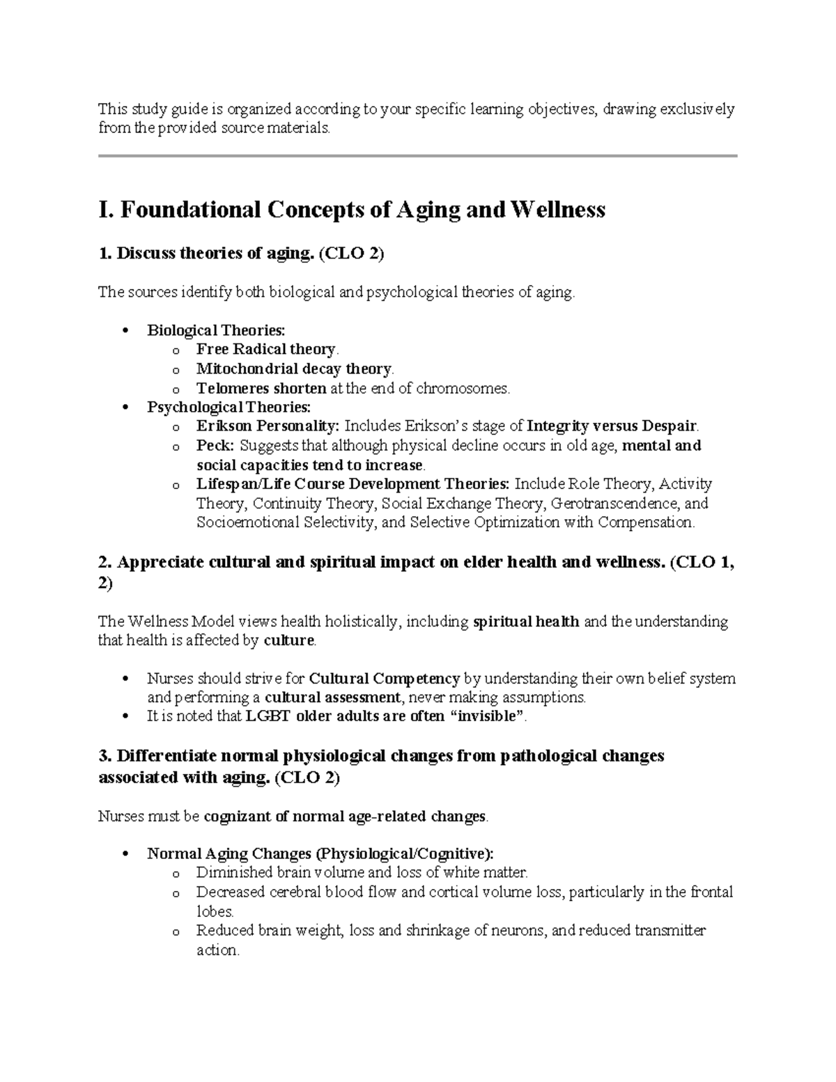 Exam 1 Study Guide: Aging, Wellness, and Cognitive Health (CLO 1-3 ...