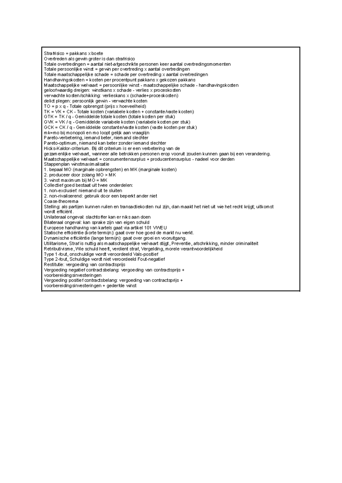 Rechtseconomie Formules en Concepten - RE101 Lesnotities - Studeersnel