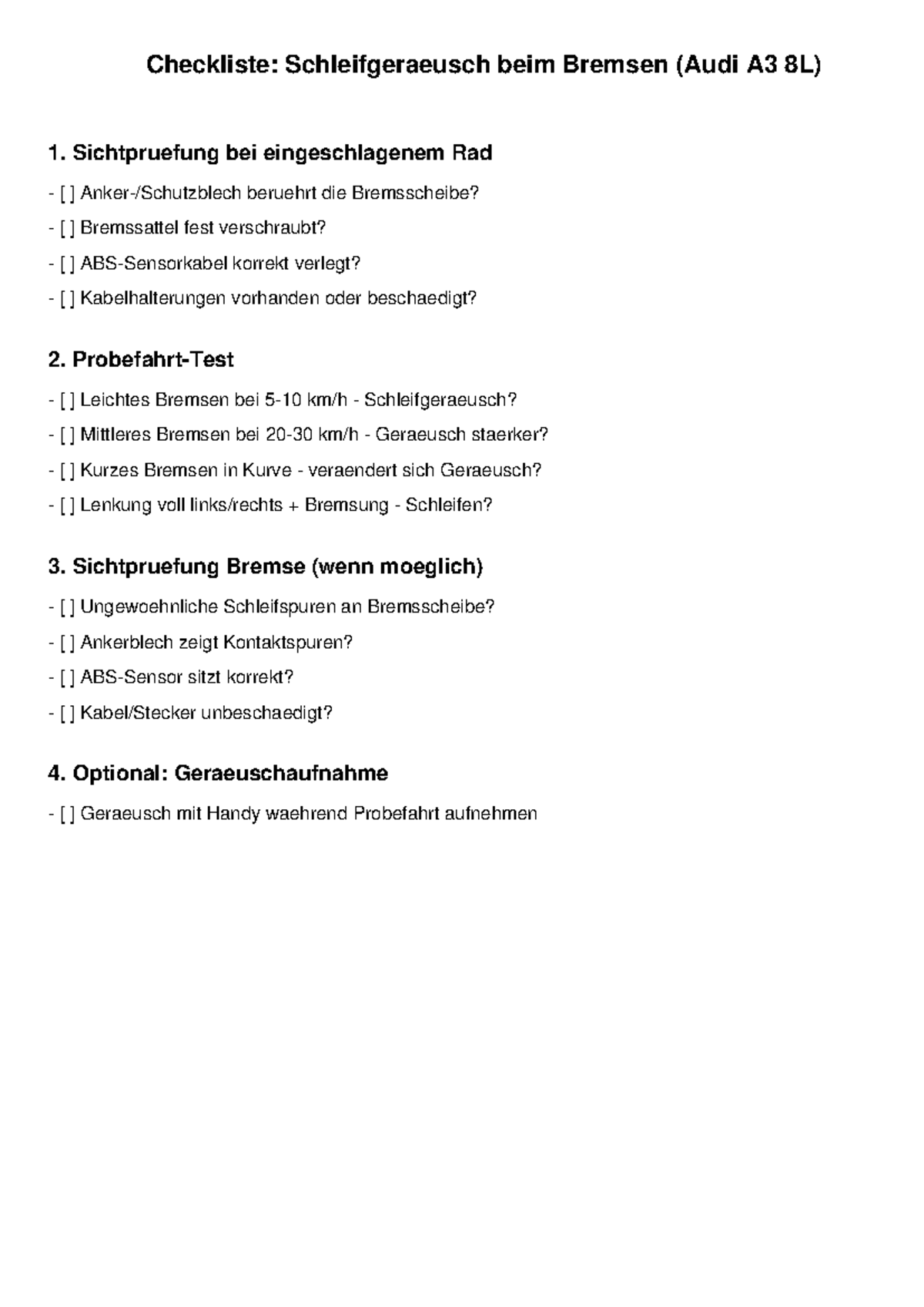 Audi A3 Inspektion Checkliste
