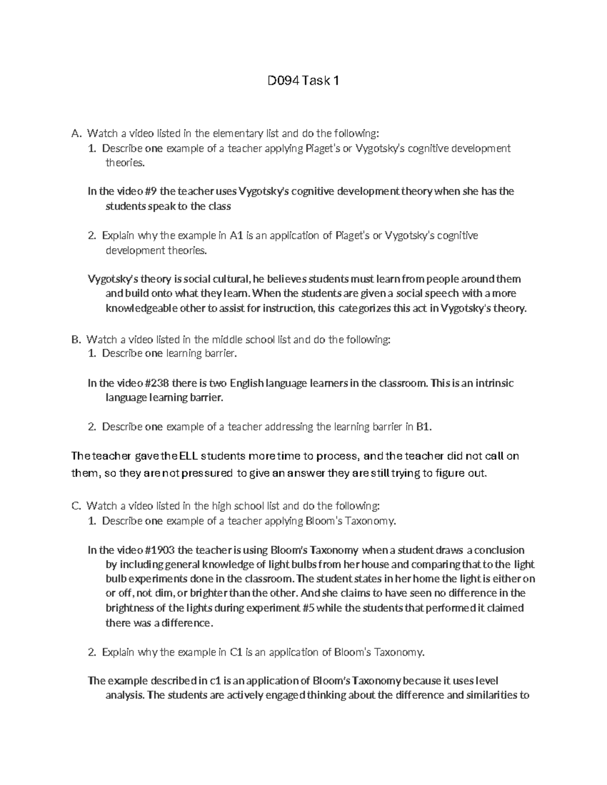 Task 1 d094 - passed 1st try - D094 Task 1 A. Watch a video listed in ...