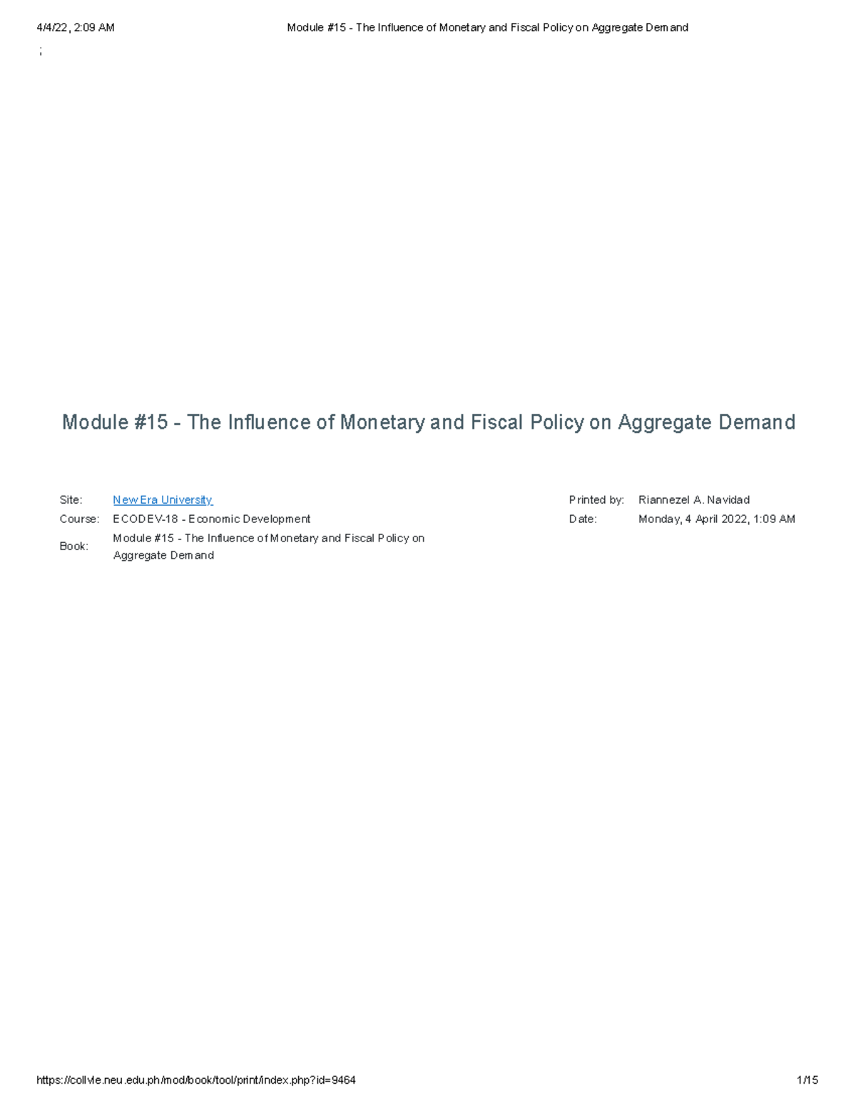 ECODEV-18 Module #15: Monetary & Fiscal Policy Effects on AD - Studocu