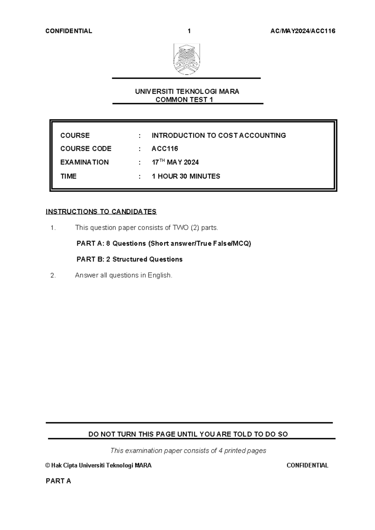 Common Test 1: Introduction to Cost Accounting ACC116 @ May 2024 - Studocu