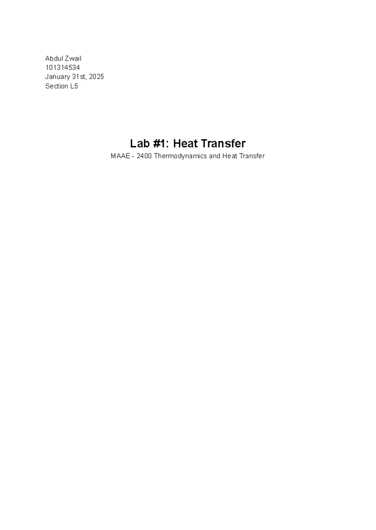 Lab #1: Heat Transfer Analysis in MAAE 2400 Thermodynamics - Studocu