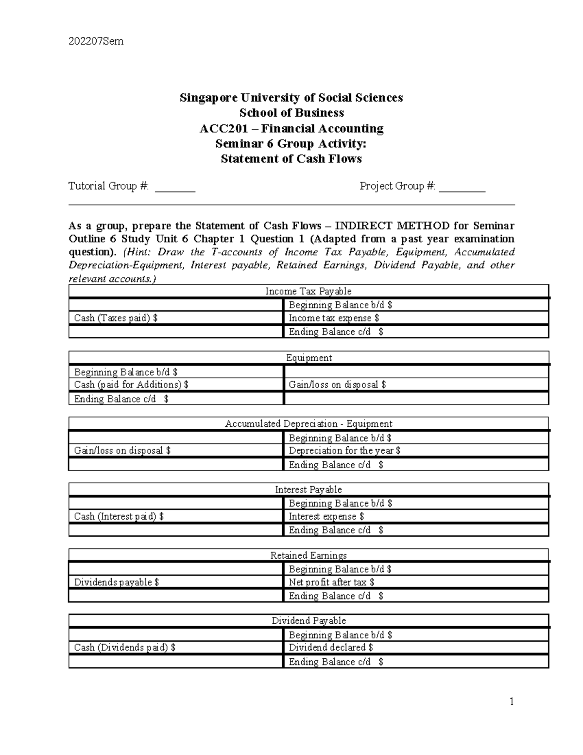 ACC201 Seminar 6 Group Activity: Statement of Cash Flows Guide - Studocu