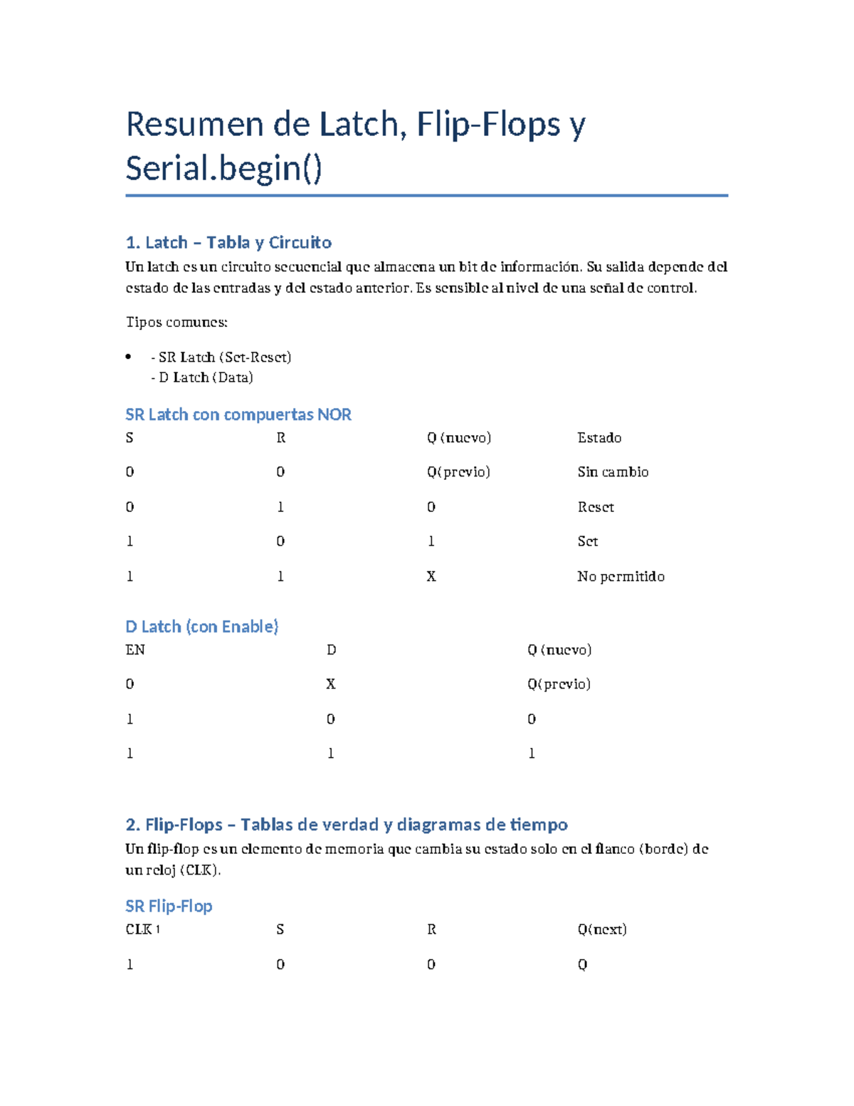 Resumen de Latch y Serial.begin() - Circuitos y Tablas de Verdad - Studocu