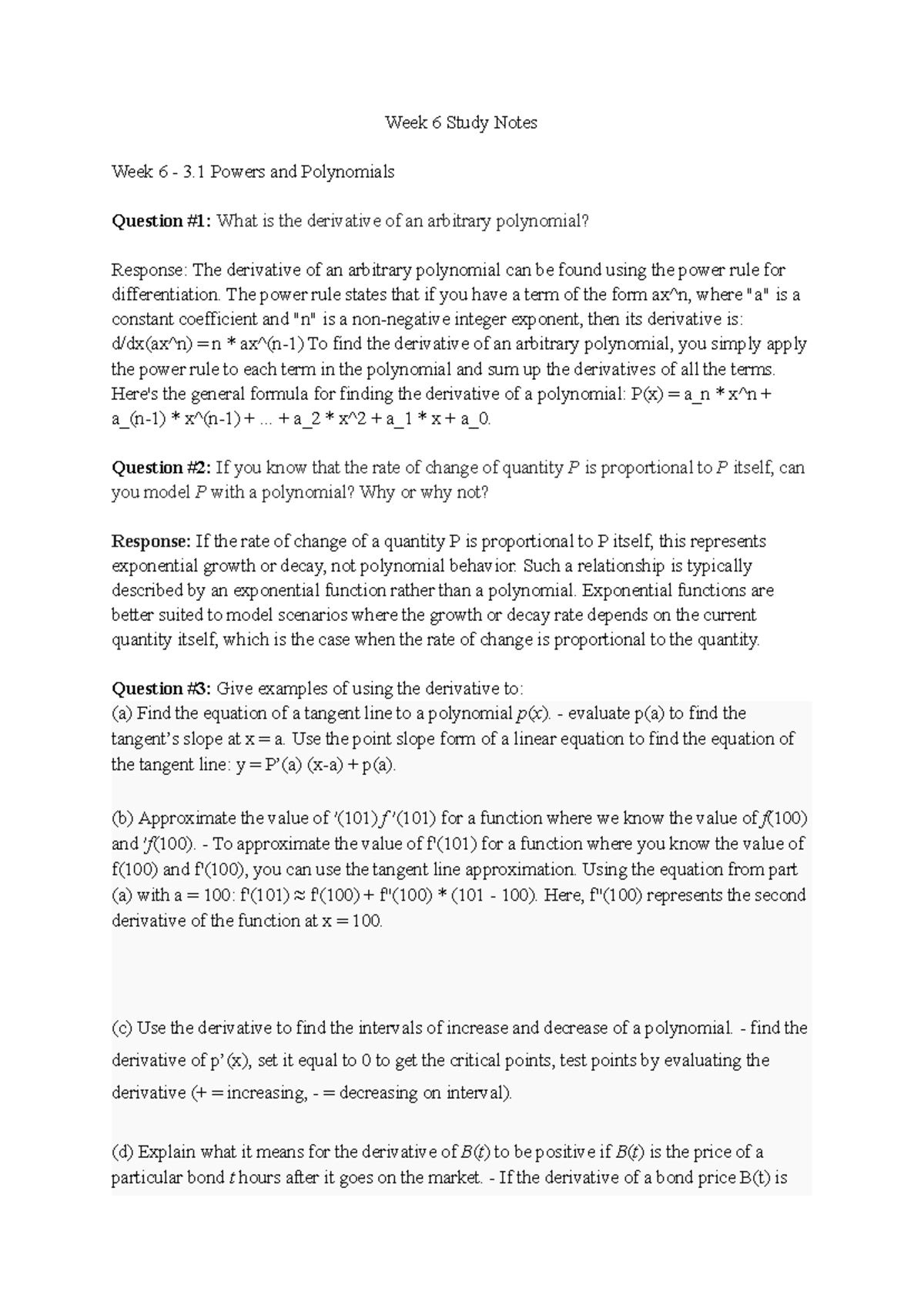 MAT 135 - Week 6 Derivatives and Polynomials Study Notes - Studocu