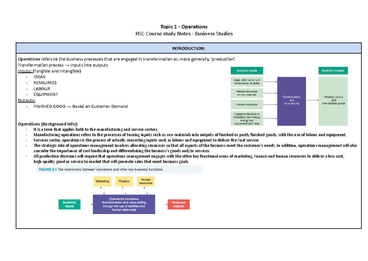 Topic 1 - Operations HSC Business Study Notes - Topic 1 - Operations ...