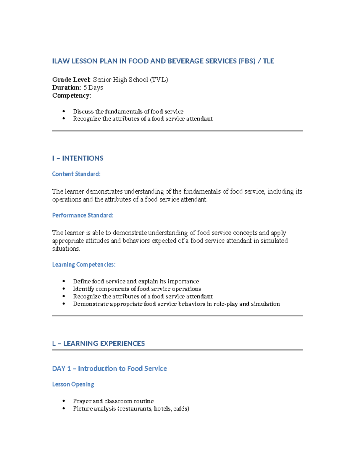 ILAW FBS LESSON PLAN: FOOD SERVICE FUNDAMENTALS & ATTRIBUTES - Studocu