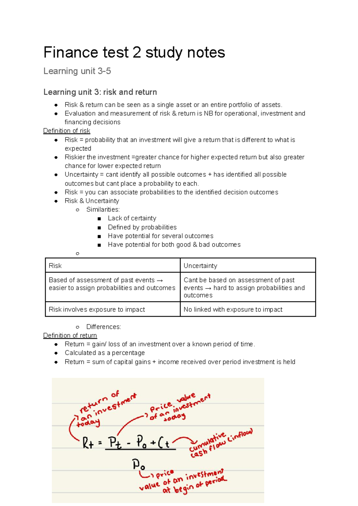 Finance 3A Test 2 Study Notes: Risk, Return, and Valuation - Studocu