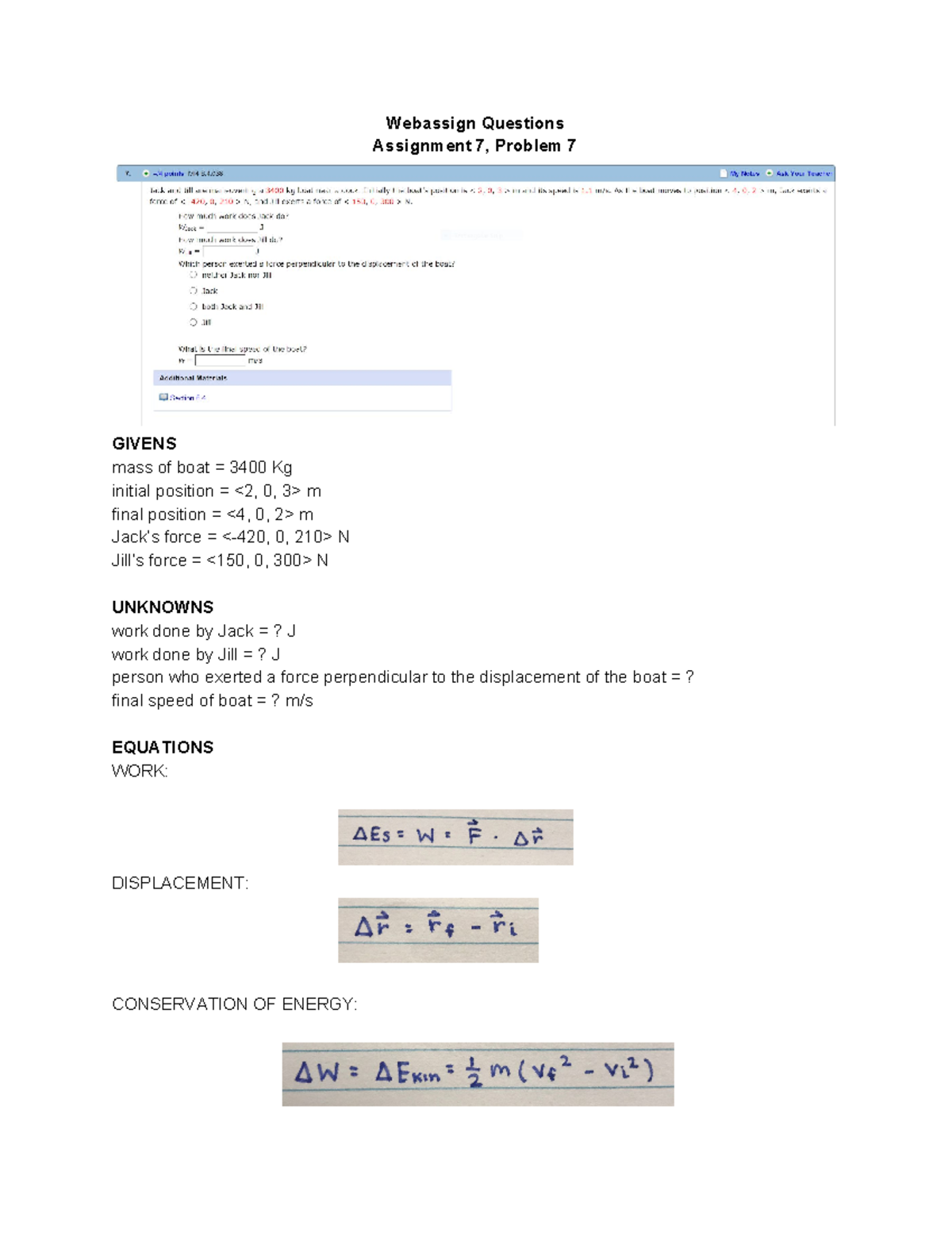 W3 PHYS 151 - Webassign Assignment 7 Solutions and Problem Analysis ...