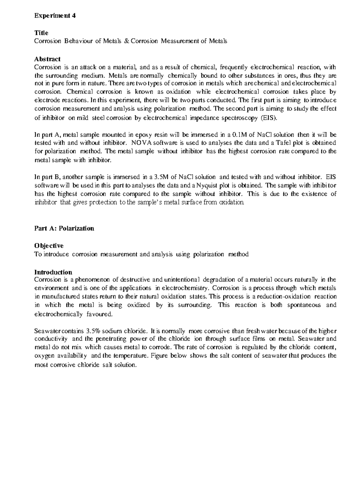Lab Report - Corrosion Behavior & Measurement of Metals in NaCl ...