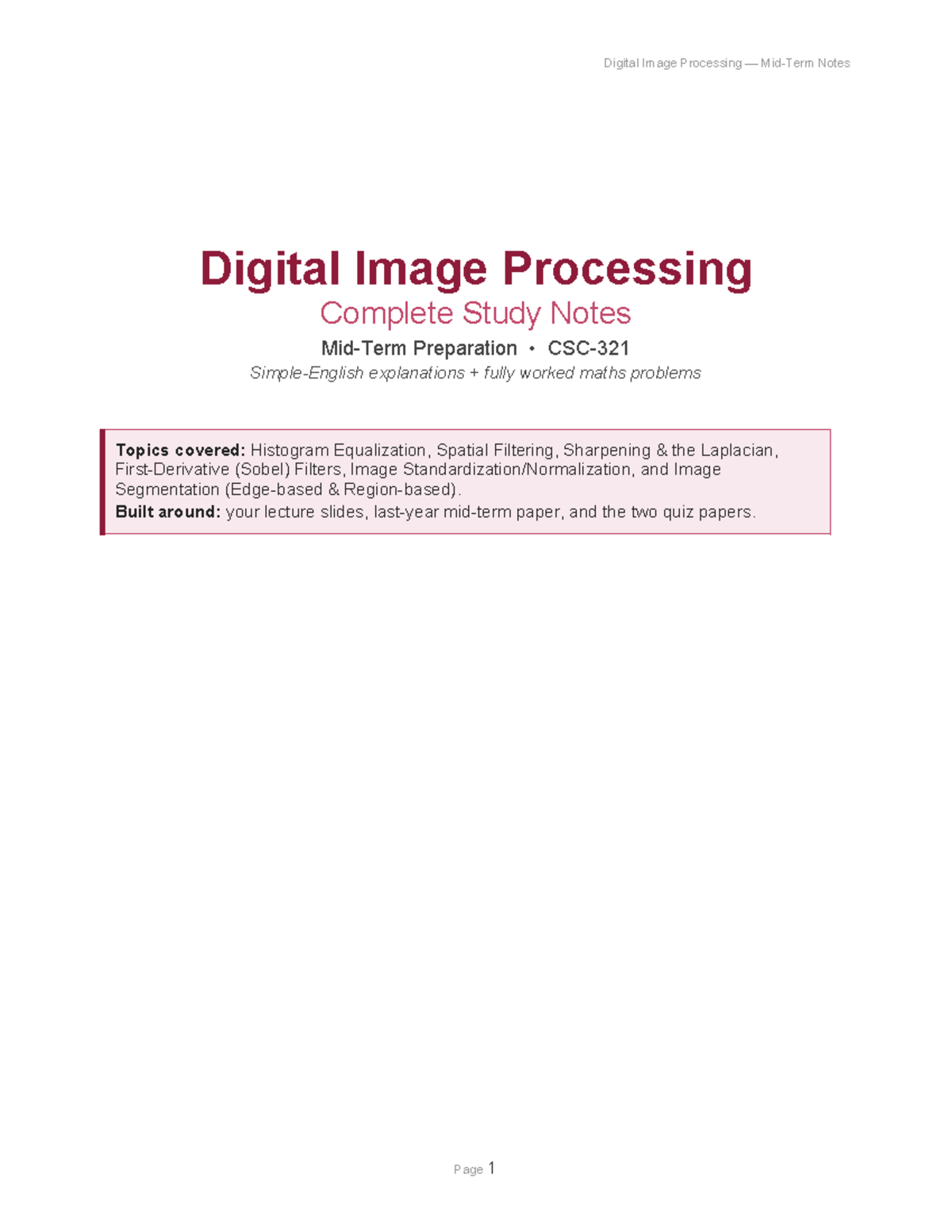DIP 101: Comprehensive Digital Image Processing Study Notes - Studocu