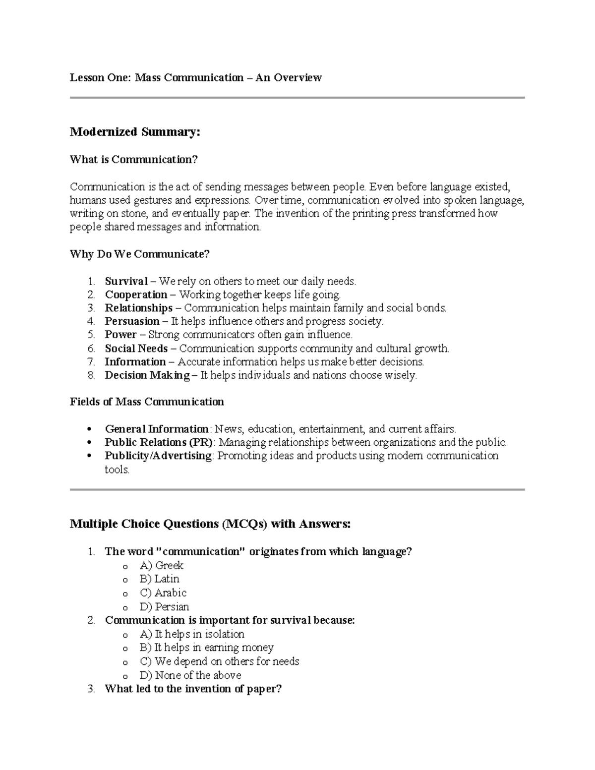 MCM101 Lesson 2: Early Mass Communication & Printing Q&A - Studocu