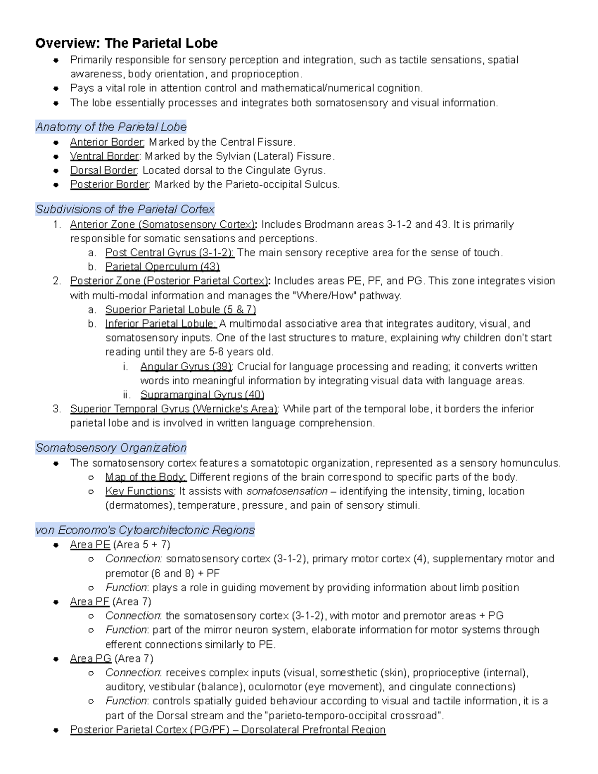 Parietal Lobe Overview: Sensory Perception & Integration Notes - Studocu