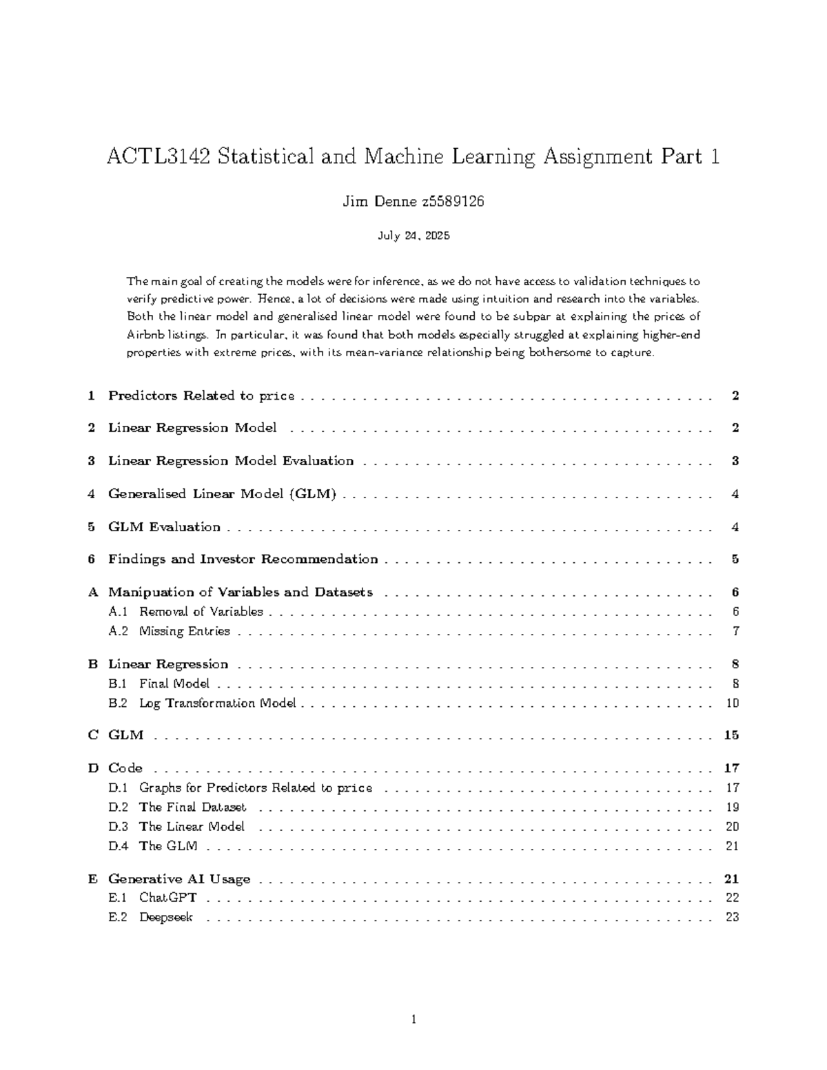 ACTL3142 Statistical & Machine Learning Assignment 1 Analysis - Document Preview