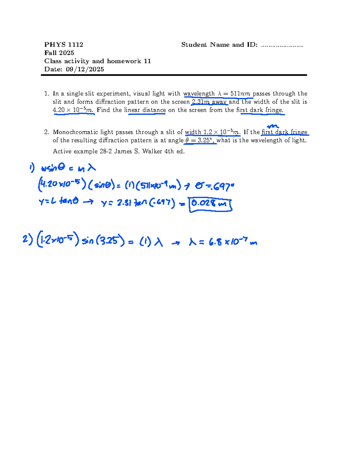 Phys1112 11 - phys CA - PHYS 1112 Student Name and ID ...