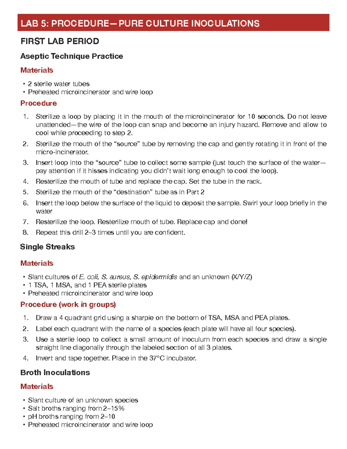 LAB 5: Aseptic Technique & Culture Inoculations Procedure W24 - Studocu