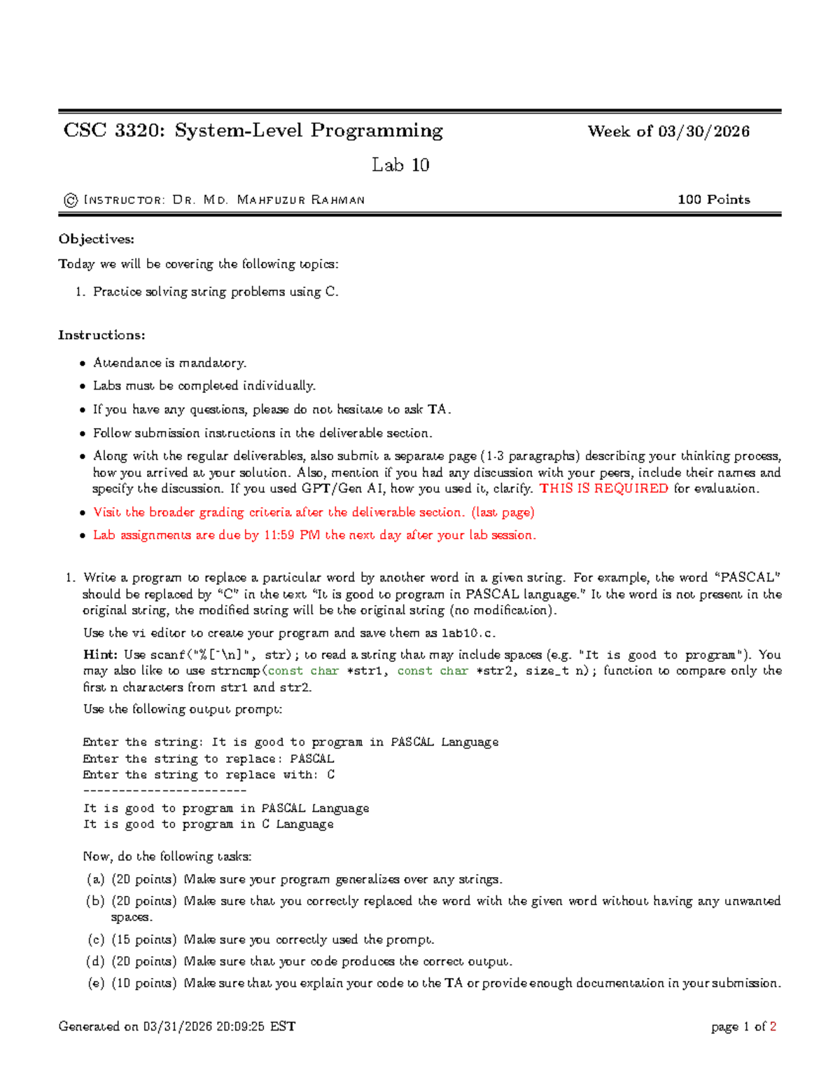 Sp26 CSC 3320 Lab 10: String Replacement in C Programming - Studocu