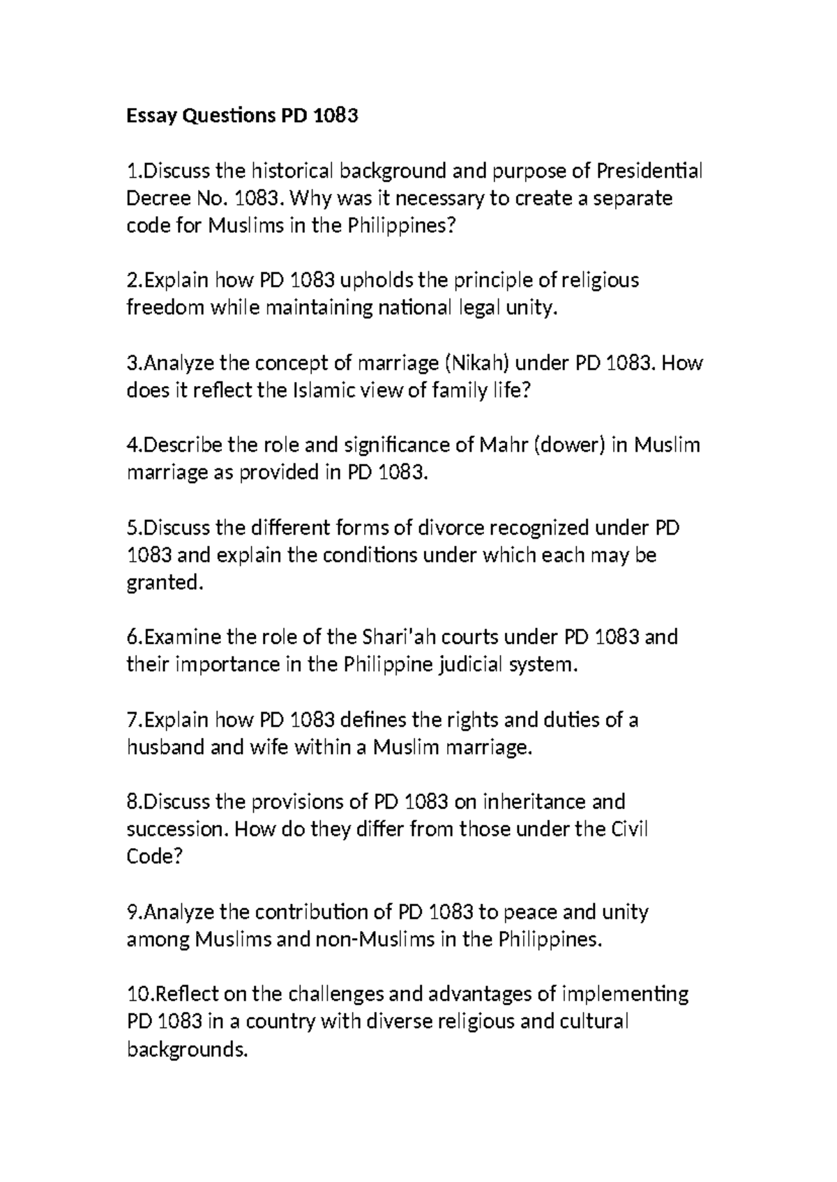 Essay Questions PD 1083 & Life of Prophet Muhammad (PBUH) - Studocu