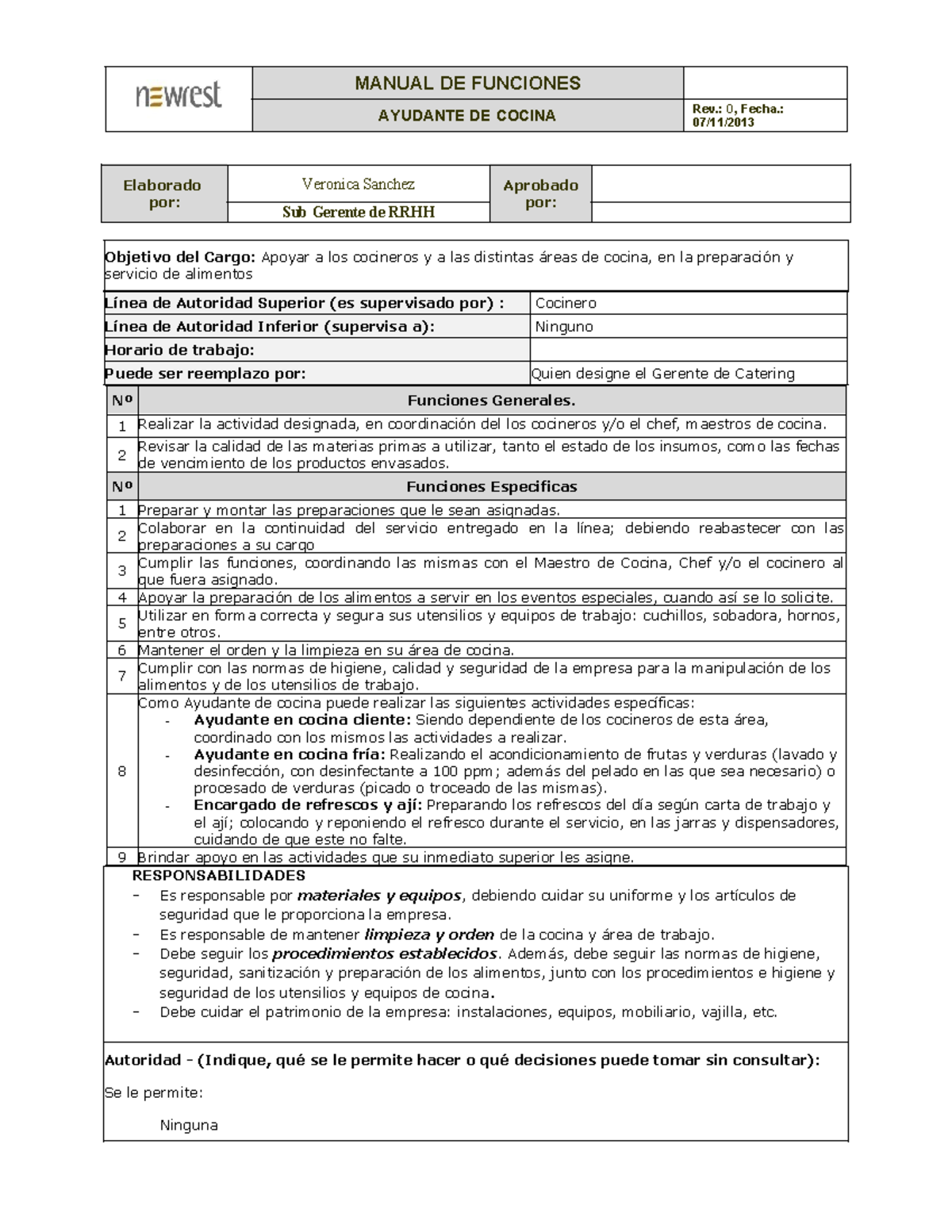 Manual de Funciones: Ayudante de Cocina - Rev. 0 - 07/11/ - Studocu