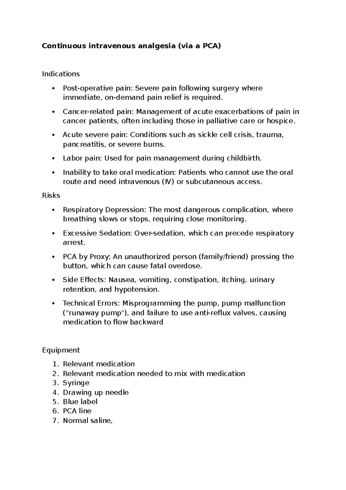 Continuous Intravenous Analgesia: PCA Indications & Risks - Studocu