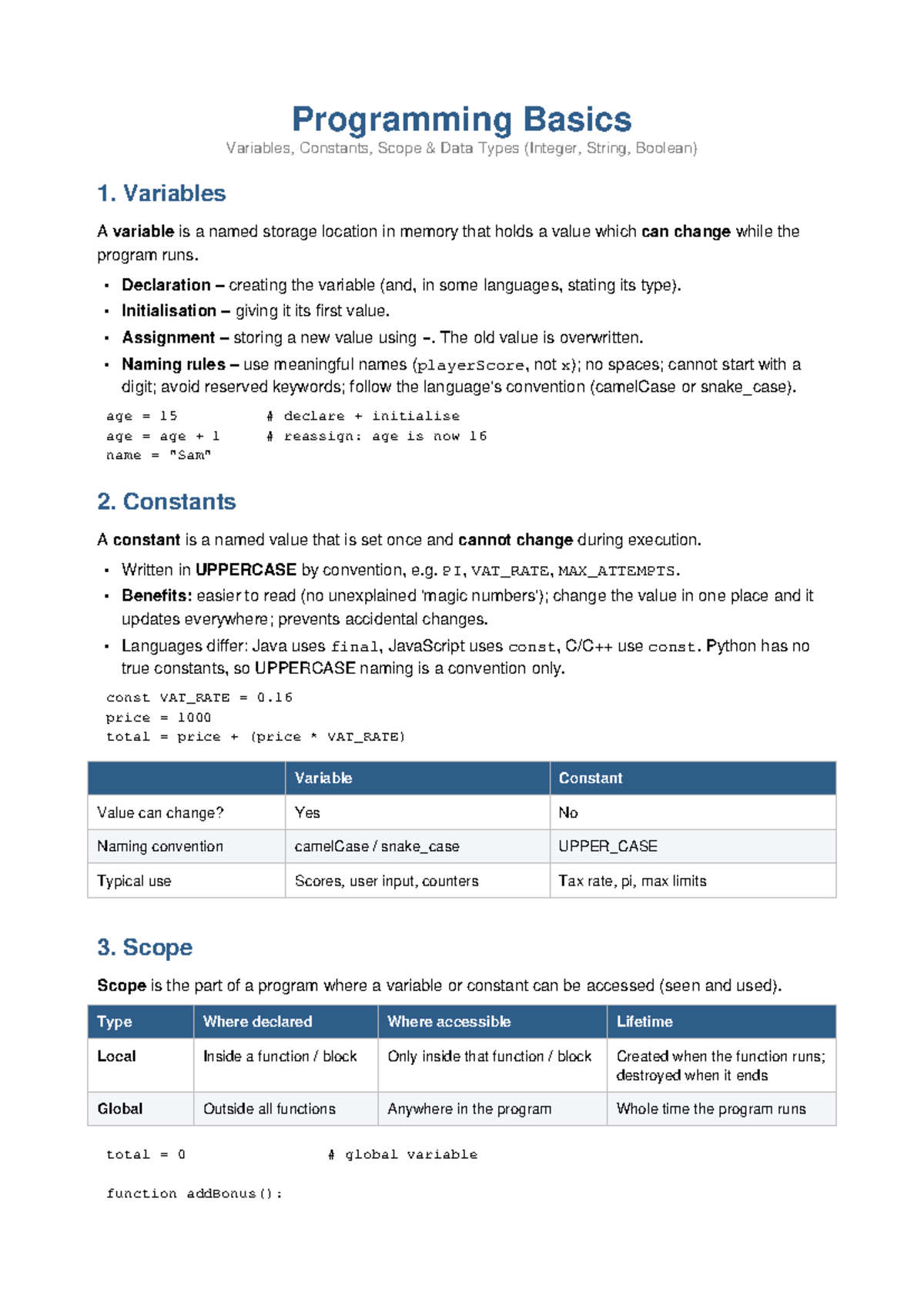 Programming Basics: Variables, Constants, Scope & Data Types (CS101 ...