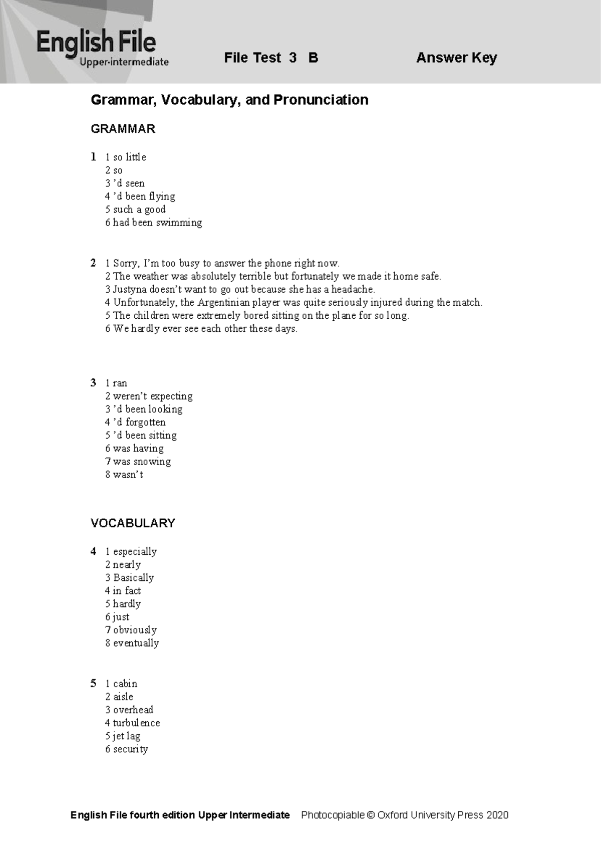English File 4th Edition Upper Intermediate: File Test 3B Answer Key ...