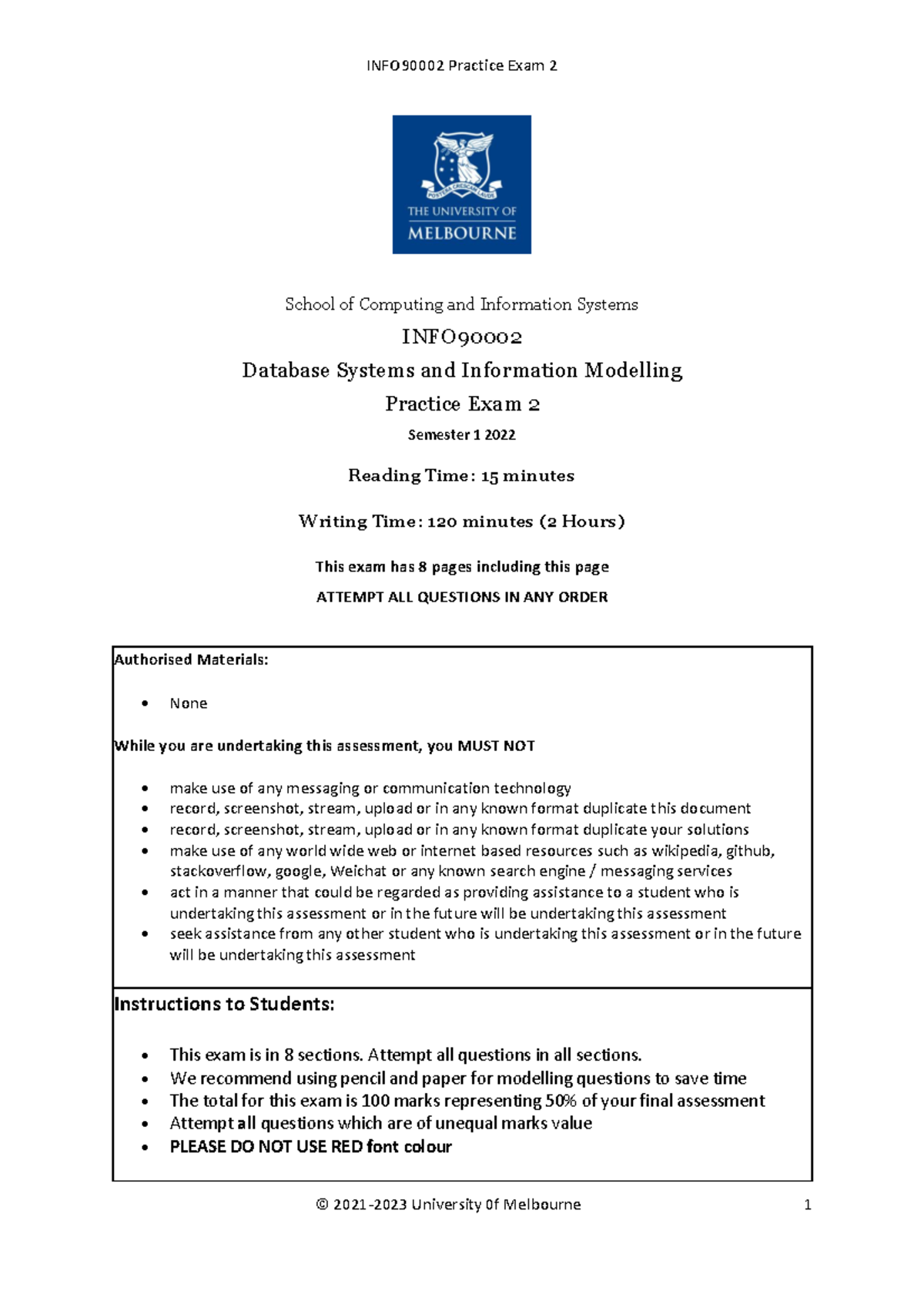 INFO90002 Sample Exam 2 - School of Computing and Information Systems ...