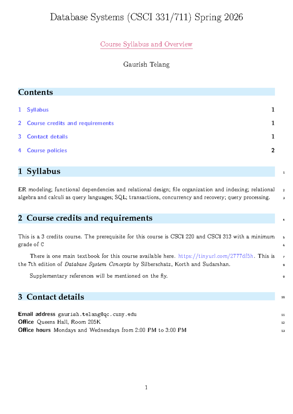 CSCI 331: Database Systems Spring 2026 Course Syllabus - Studocu