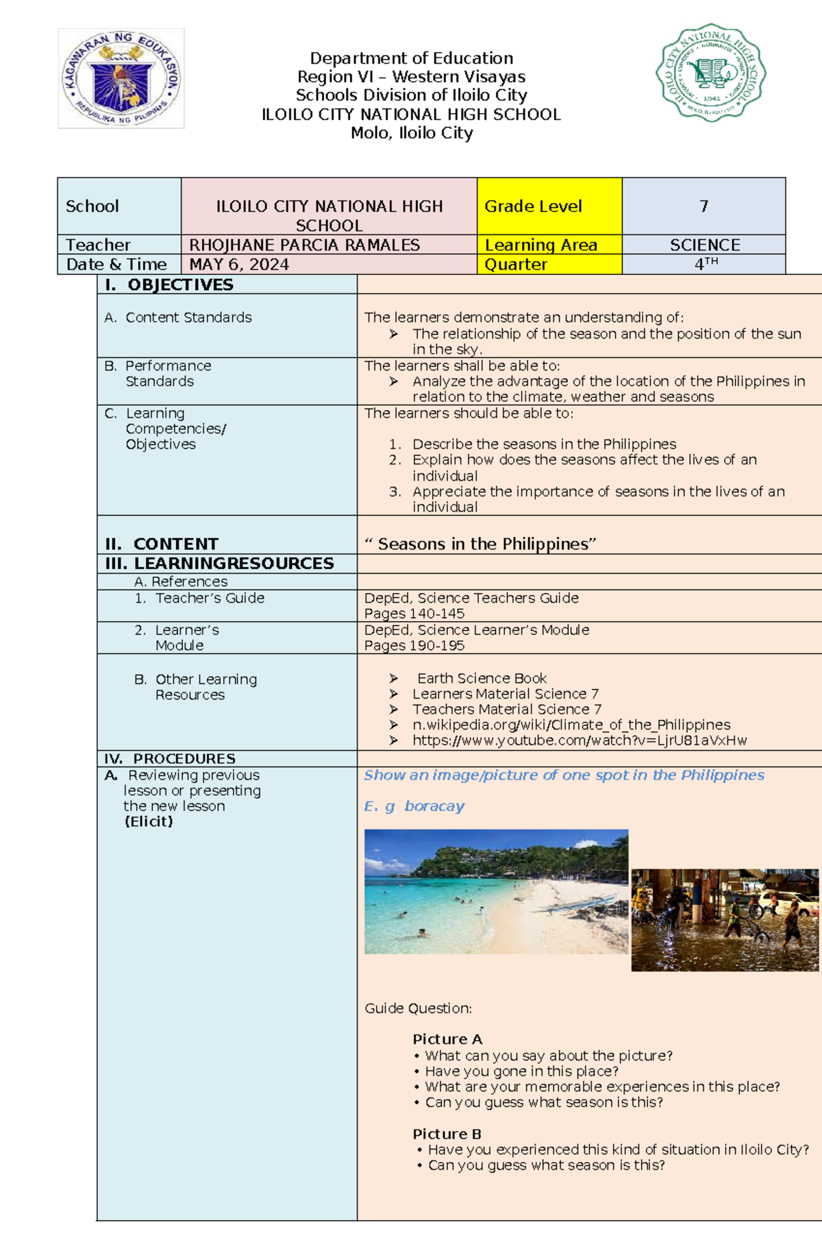 Contextualized Lesson Plan: Seasons in the Philippines (Science 7 ...