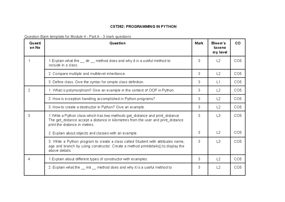 CST362: Python Programming Question Bank for Module 4 - Studocu