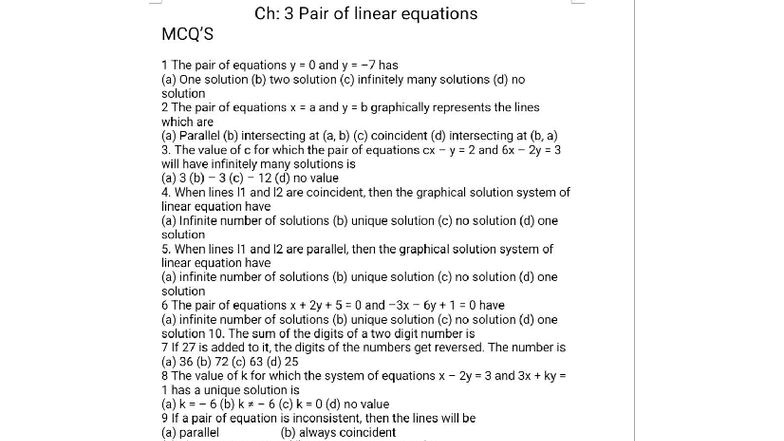 Ch: 3 & 4 Important Questions on Linear & Quadratic Equations - Studocu