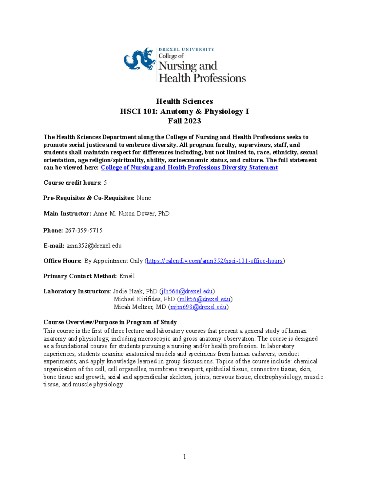 HSCI 101 Fall 2023 Syllabus: Anatomy & Physiology I Overview - Studocu