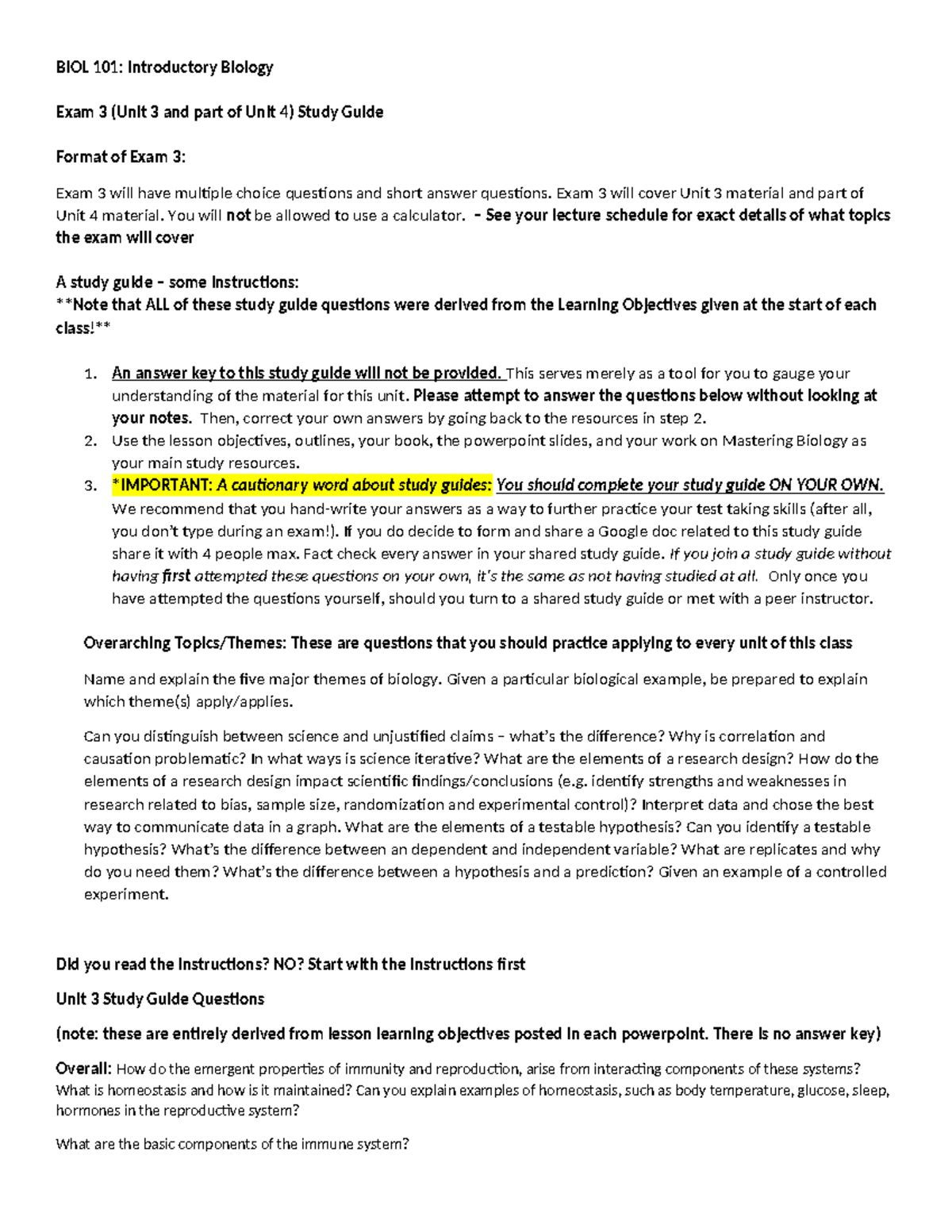 BIOL 101: Exam 3 Study Guide (Units 3 & 4 Overview) - Studocu