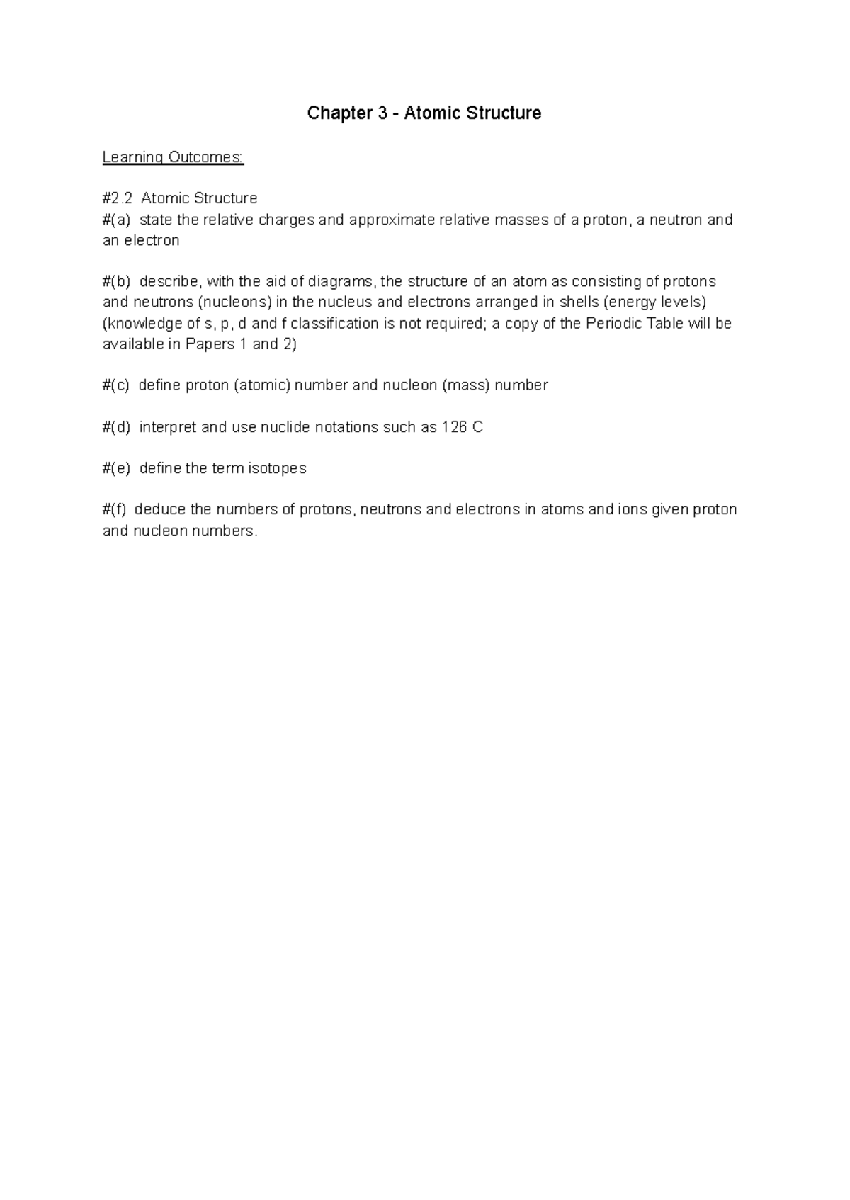 Chemistry Chapter 3: Atomic Structure and Learning Outcomes - Studocu
