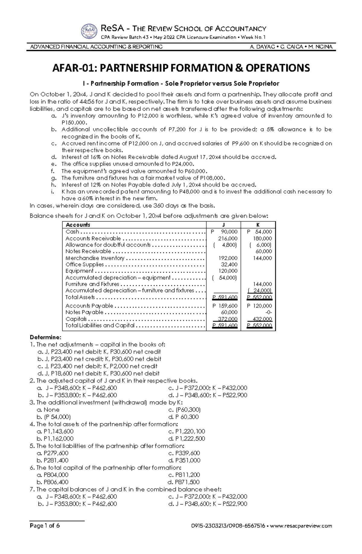 [ReSA] CPA Review Batch 43: Week 1 - Partnership Formation Operations ...