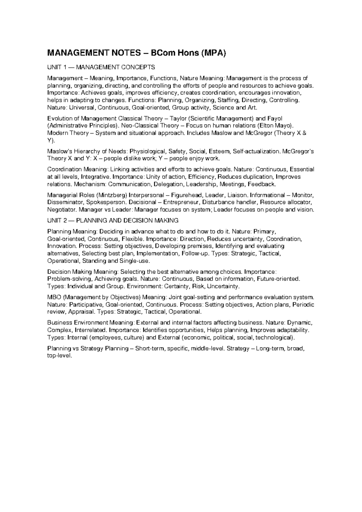 Management Concepts & Planning Notes BCom Hons (MPA) - Studocu