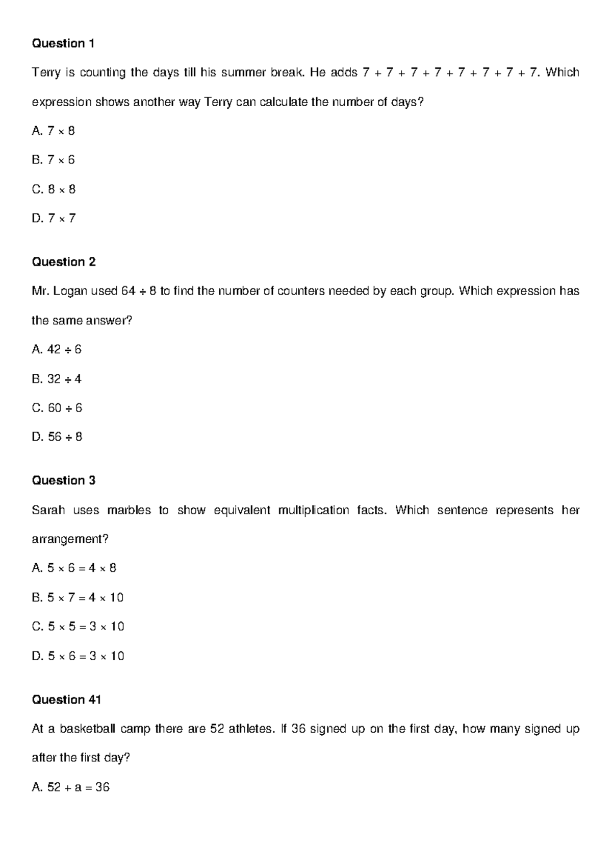 Full Math Practice Test Q1 to Q42 - Question 1 Terry is counting the ...