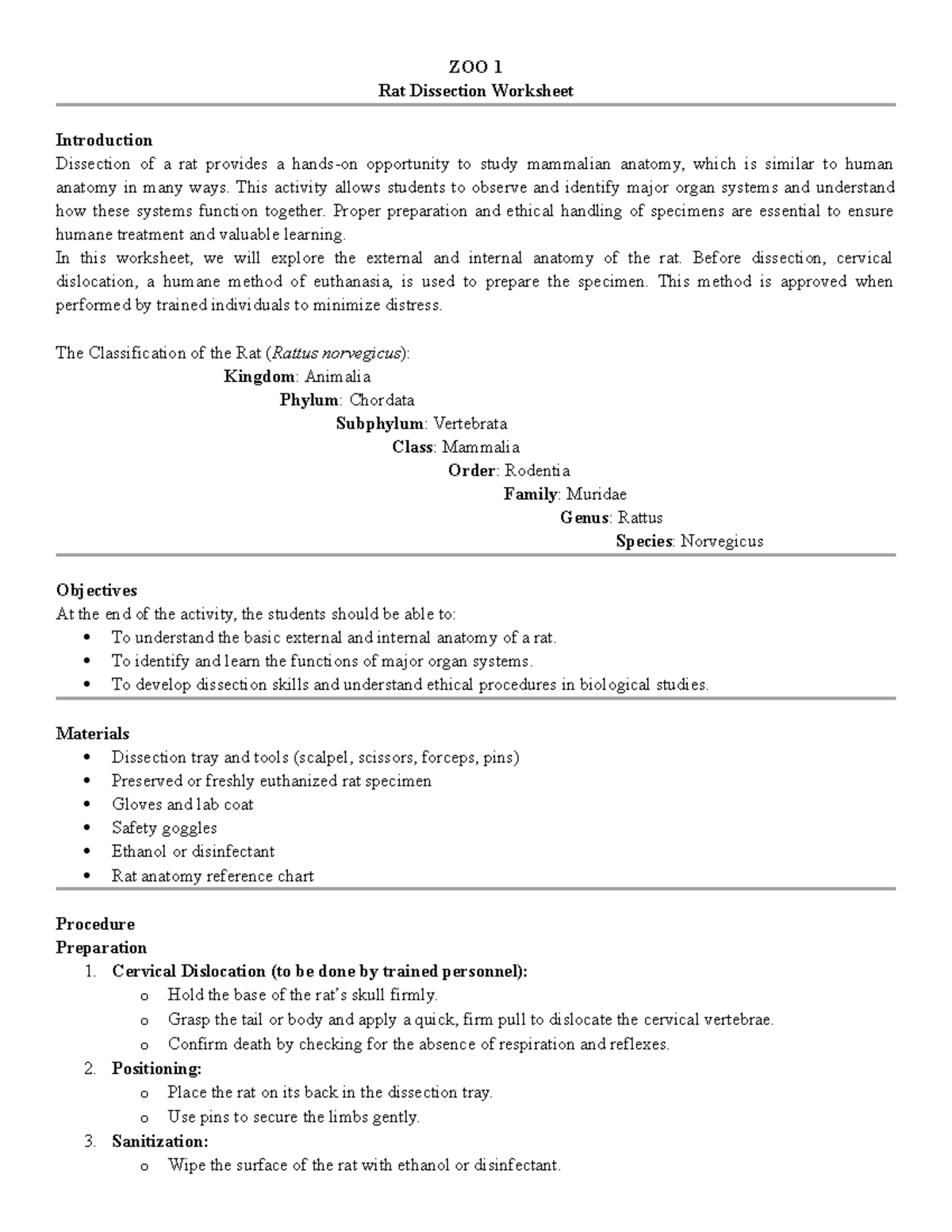 ZOO 1 Rat Dissection Worksheet: Exploring Mammalian Anatomy - Studocu