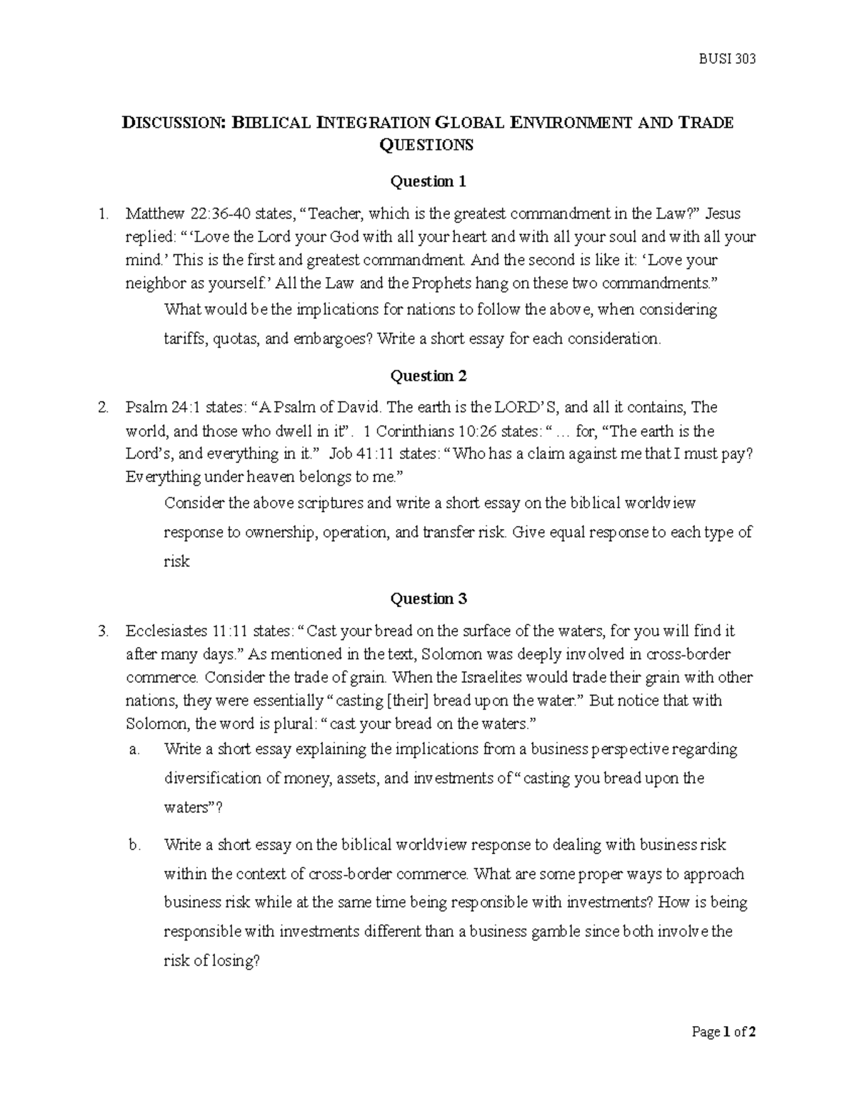 BUSI 303 Discussion: Biblical Integration on Global Trade & Environment ...