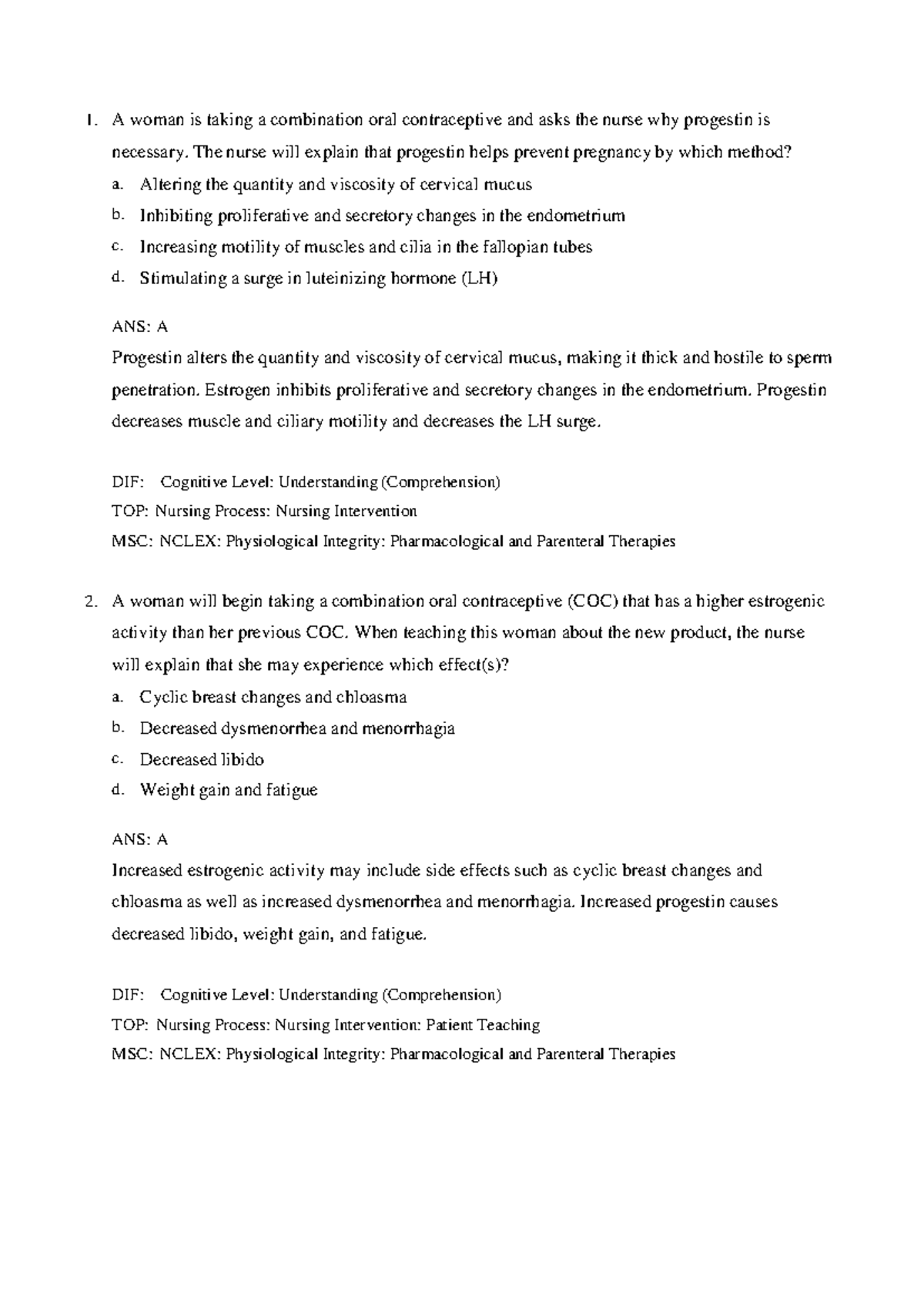 Nursing Intervention: Understanding Progestin in COC Use - Studocu