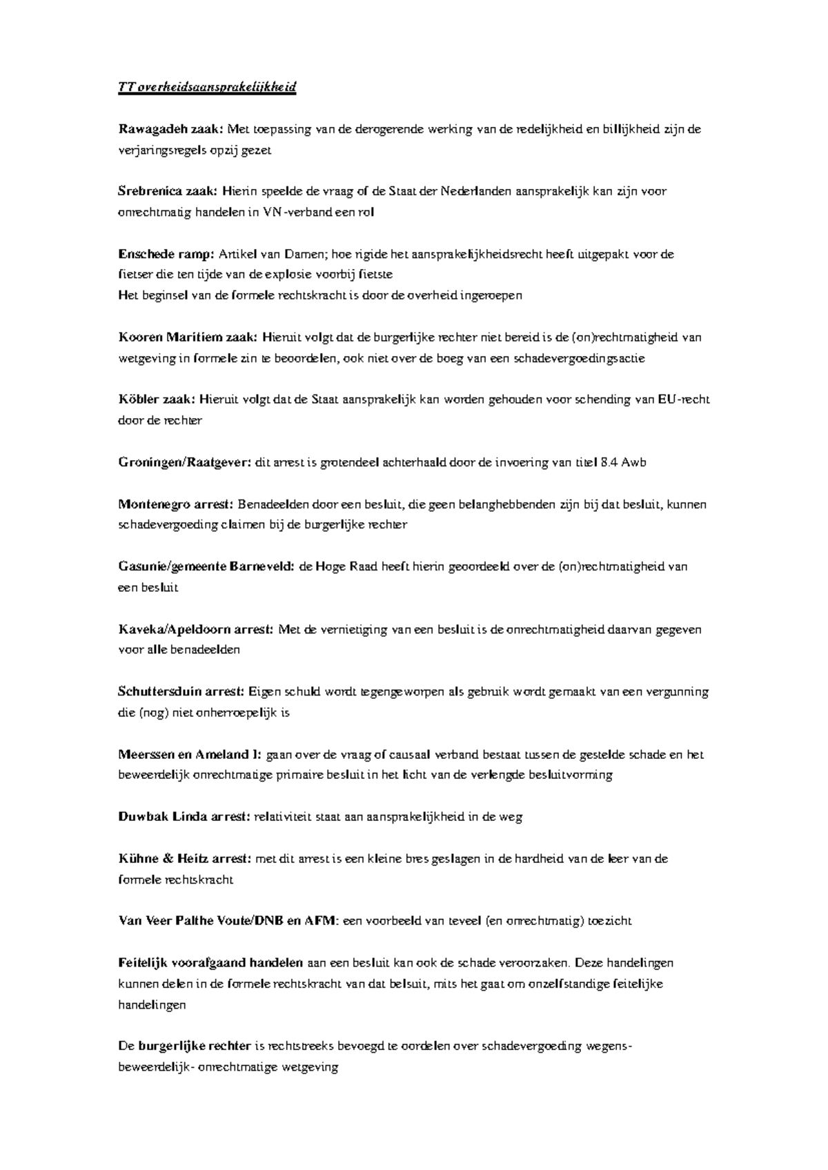 Tentamen aantekeningen Overheidsaansprakelijkheid: Belangrijke Zaken en Arresten - Document Preview