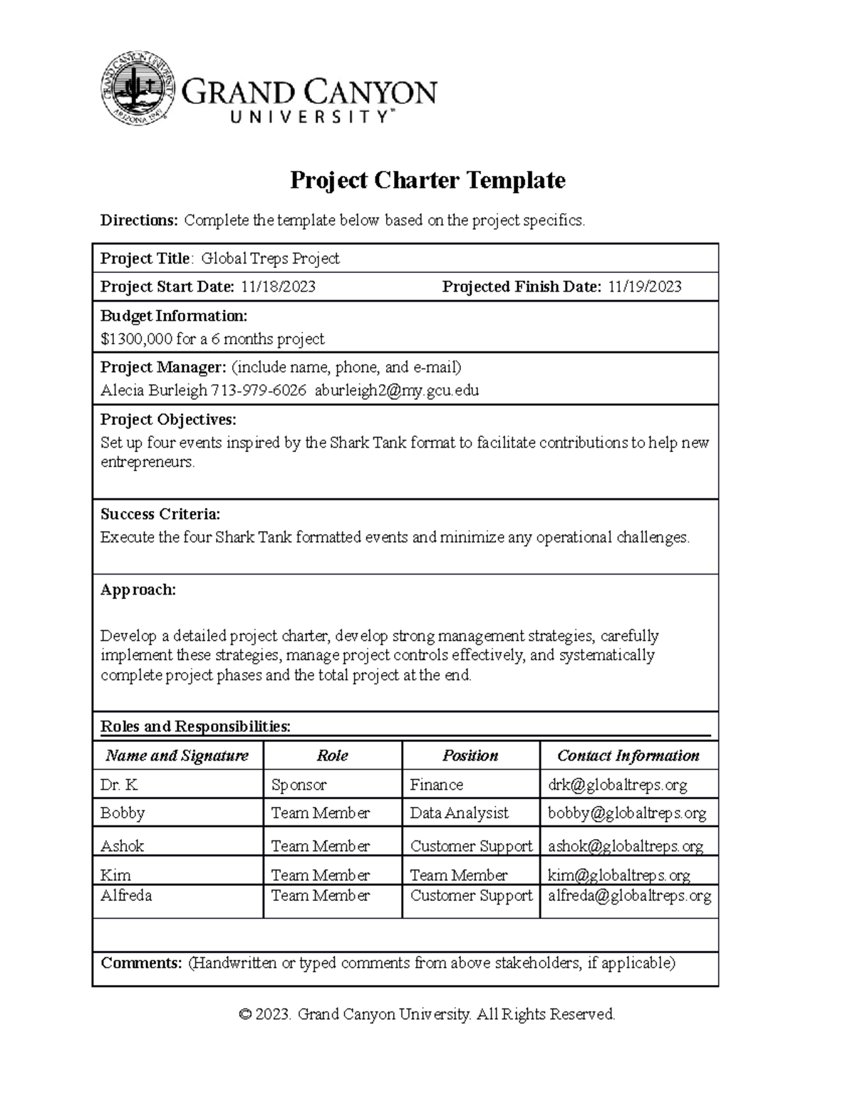 BIT 415 RS Project Charter Template: Global Treps Project Details - Studocu