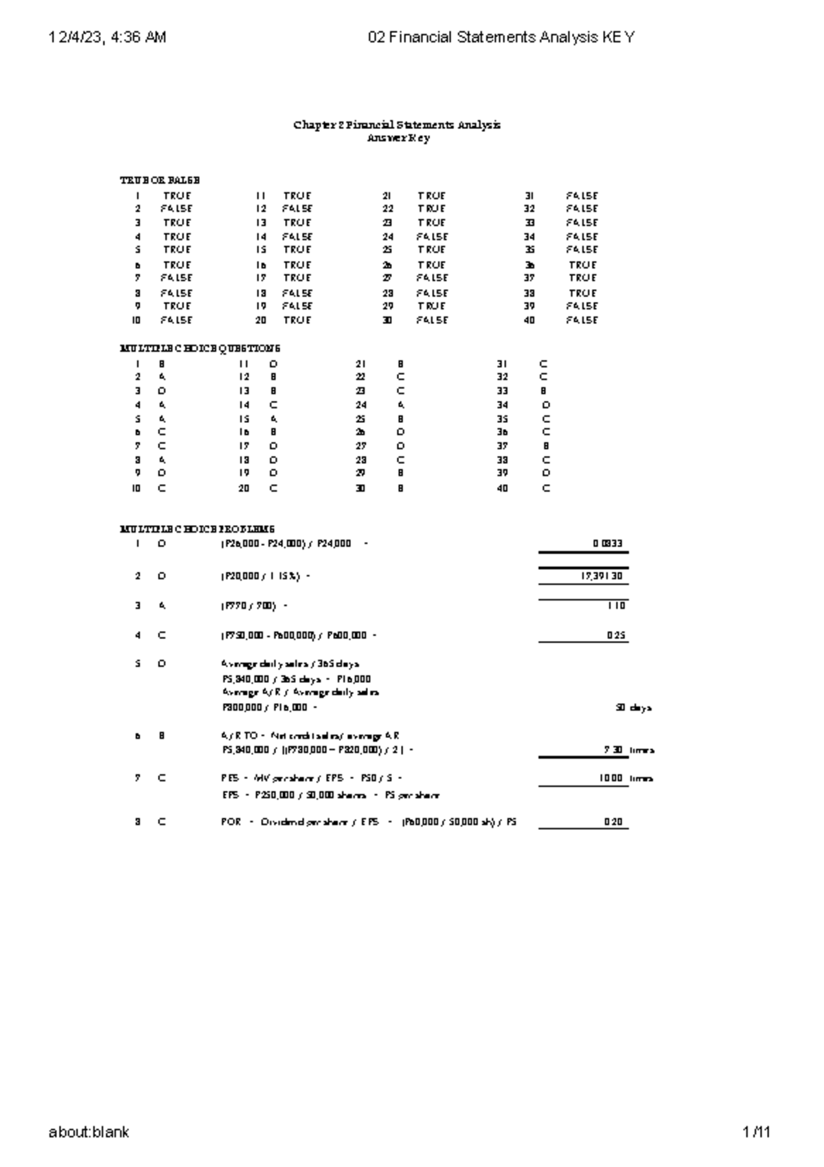 02 Financial Statements Analysis - Answer Key & Solutions - Studocu