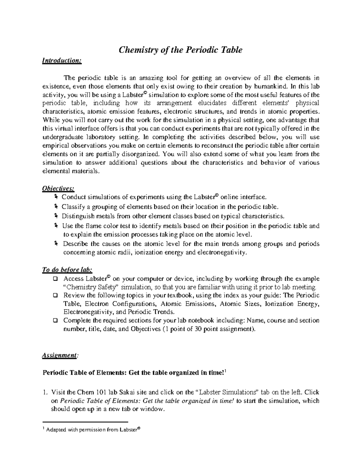 Chem 101 - Assignment 1: Exploring the Chemistry of the Periodic Table ...