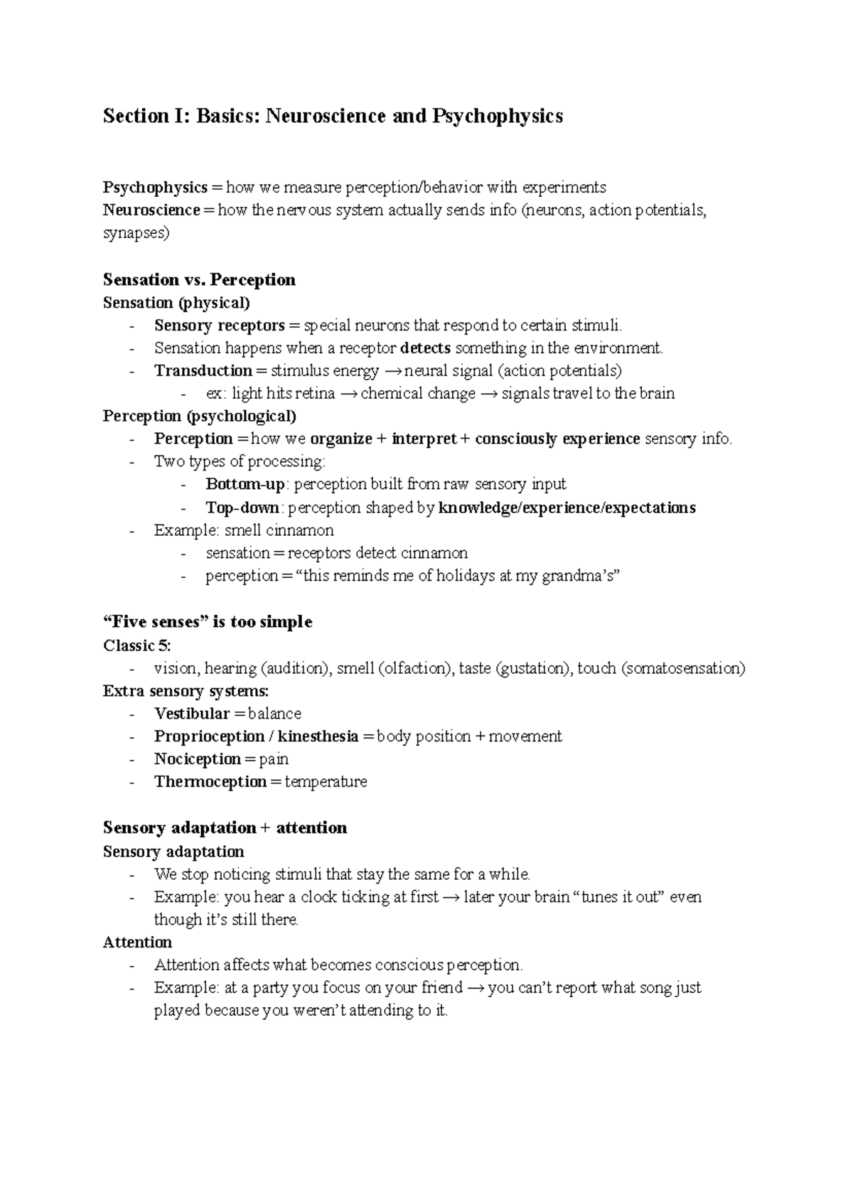 Chapter Reading Notes: Neuroscience & Psychophysics Basics - Studocu