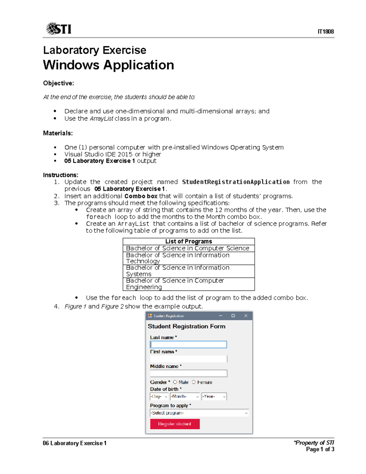 IT1808 Lab Exercise 06: Windows App with ArrayList & Combo Box - Studocu