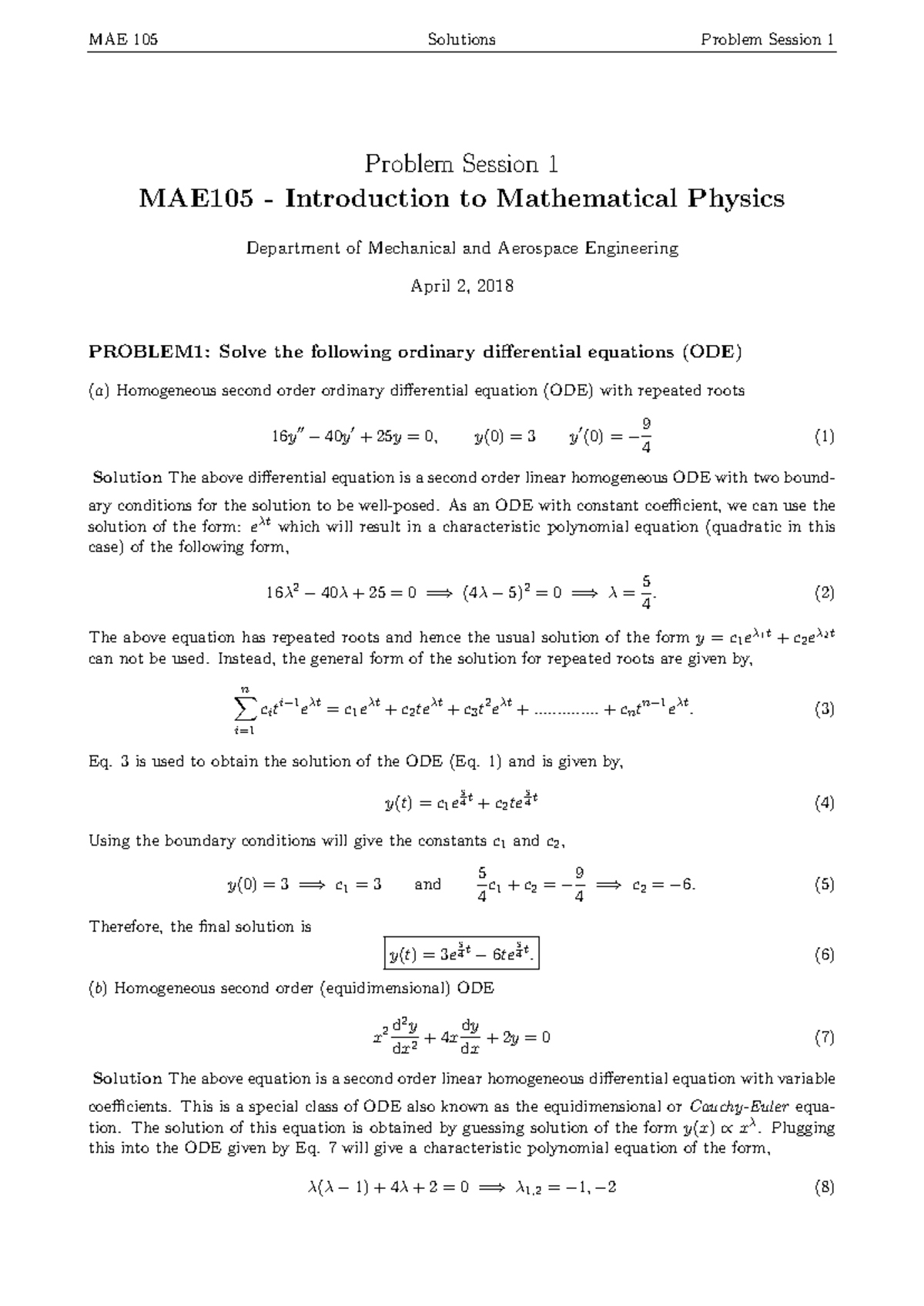 MAE105S18PS1 Soln - Problem set 1 solution - MAE 105 Solutions Problem ...
